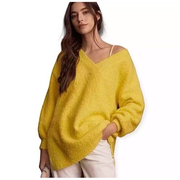 Anthropologie Pilcro Teddy Chunky Sweater Oversized Sz M Yellow Wool Blend Soft - Picture 1 of 15